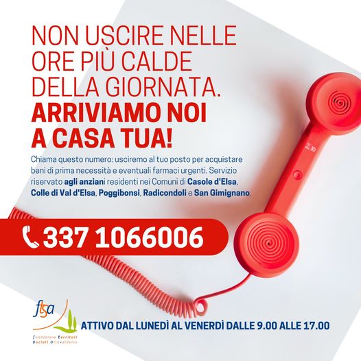 Comune SanGimignano (@sangimignanocom) on Twitter photo ๐ด๐ฆ๐ฒ๐ฟ๐๐ถ๐๐ถ๐ผ ๐ฑ๐ฒ๐น๐น๐ฎ ๐๐ง๐ฆ๐ ๐ฎ๐๐๐ถ๐๐ผ ๐ฑ๐ฎ๐น ๐น๐๐ป๐ฒ๐ฑรฌ ๐ฎ๐น ๐๐ฒ๐ป๐ฒ๐ฟ๐ฑรฌ ๐ฑ๐ฎ๐น๐น๐ฒ ๐ต,๐ฌ๐ฌ ๐ฎ๐น๐น๐ฒ ๐ญ๐ณ,๐ฌ๐ฌ
โ๏ธNon uscire nelle ore piรน calde della giornataโ๏ธ
Arriviamo noi a casa tua! ๐
โ๏ธ chiama il numero 337 1066006
ftsa.it
#anziani
#ftsa ๐ด๐ฆ๐ฒ๐ฟ๐๐ถ๐๐ถ๐ผ ๐ฑ๐ฒ๐น๐น๐ฎ ๐๐ง๐ฆ๐ ๐ฎ๐๐๐ถ๐๐ผ ๐ฑ๐ฎ๐น ๐น๐๐ป๐ฒ๐ฑรฌ ๐ฎ๐น ๐๐ฒ๐ป๐ฒ๐ฟ๐ฑรฌ ๐ฑ๐ฎ๐น๐น๐ฒ ๐ต,๐ฌ๐ฌ ๐ฎ๐น๐น๐ฒ ๐ญ๐ณ,๐ฌ๐ฌ
โ๏ธNon uscire nelle ore piรน calde della giornataโ๏ธ
Arriviamo noi a casa tua! ๐
โ๏ธ chiama il numero 337 1066006
ftsa.it
#anziani
#ftsa