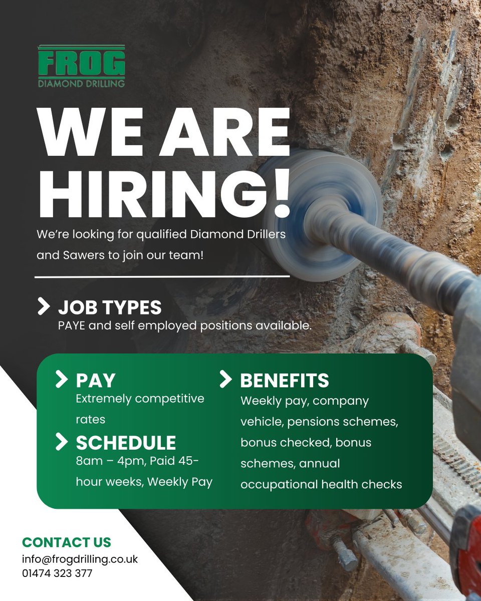 FrogDrilling's tweet photo. We're Hiring: Diamond Drillers &amp; Sawers 👷‍♂️
Must have CSCS Card, NVQ Level 2, UK Driver's Licence. PAYE &amp; self-employed positions. Competitive pay, 45-hour weeks, weekly pay, company vehicle, and bonuses.
📞 01474 323 377 | 📧 info@frogdrilling.co.uk https://t.co/fyj99L7JNS