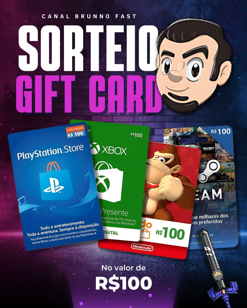 Sorteio liberado como forma de agradecimento para quem está seguindo meu canal no YouTube 😀

Para participar você precisa: 

1️⃣ Dar Like 🩵
2️⃣ Dar RT 🔄
3️⃣ Comentar qual Gift card deseja e qual é seu usuário no YouTube. 

O Sorteio será realizado 02/08 às 23 horas! 

Dúvidas?👇🏻