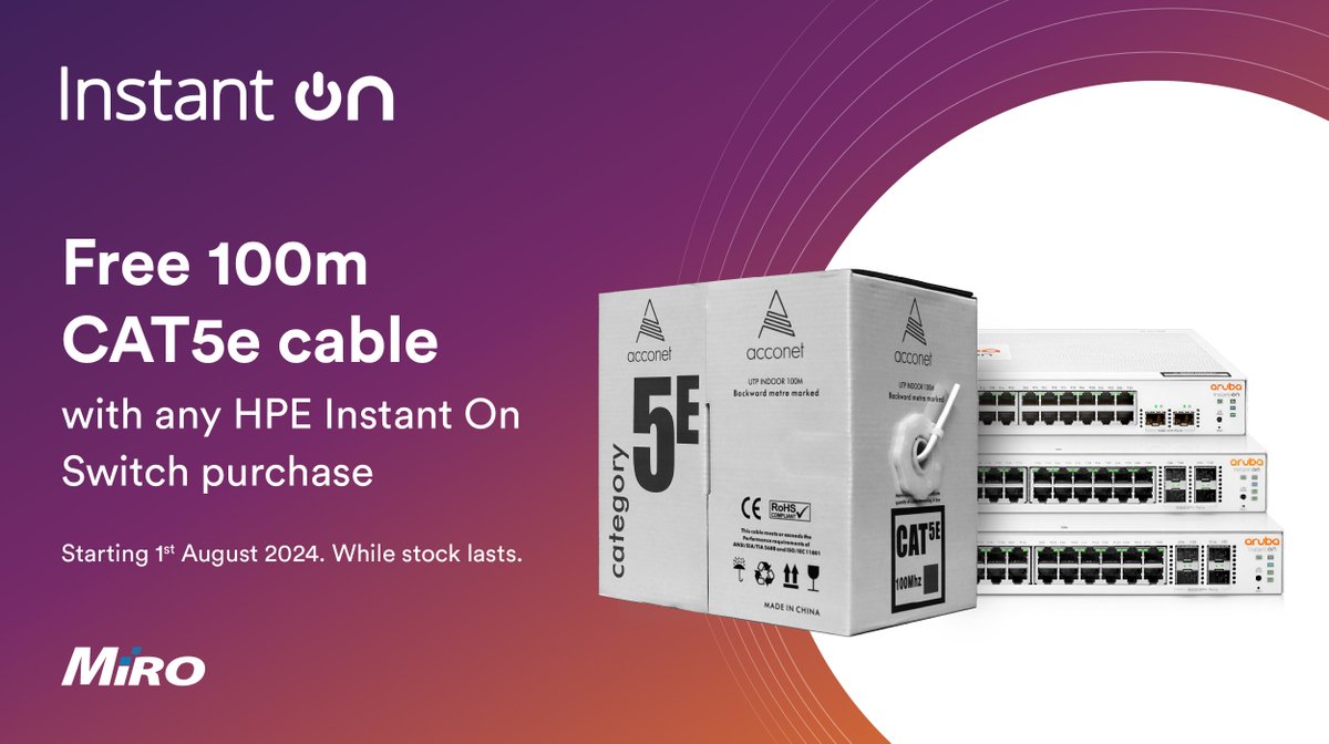 MiroDistributor's tweet image. Upgrade your network with any HPE Networking Instant On switch and receive a FREE 100m CAT5e cable with your purchase! 🤩 Boost your connectivity while enjoying this limited-time offer.  

#ArubaInstantOn #freecable #mirodistribution