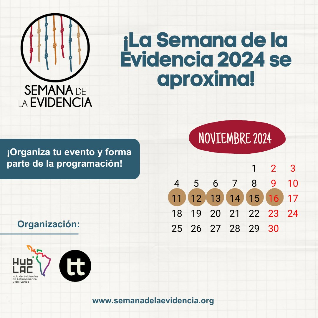 hub_lac's tweet photo. 💡¡Únete a la #SemanadelaEvidencia
2024! 🚀

Una valiosa plataforma de eventos para explorar el diálogo sobre el rol de las #evidencias para informar #políticaspúblicas en América Latina y el Caribe. 🌎

💻 Organiza tu evento y haga parte de la #SE2024: https://t.co/Awcb4igKZI https://t.co/jwNHo6TPi3