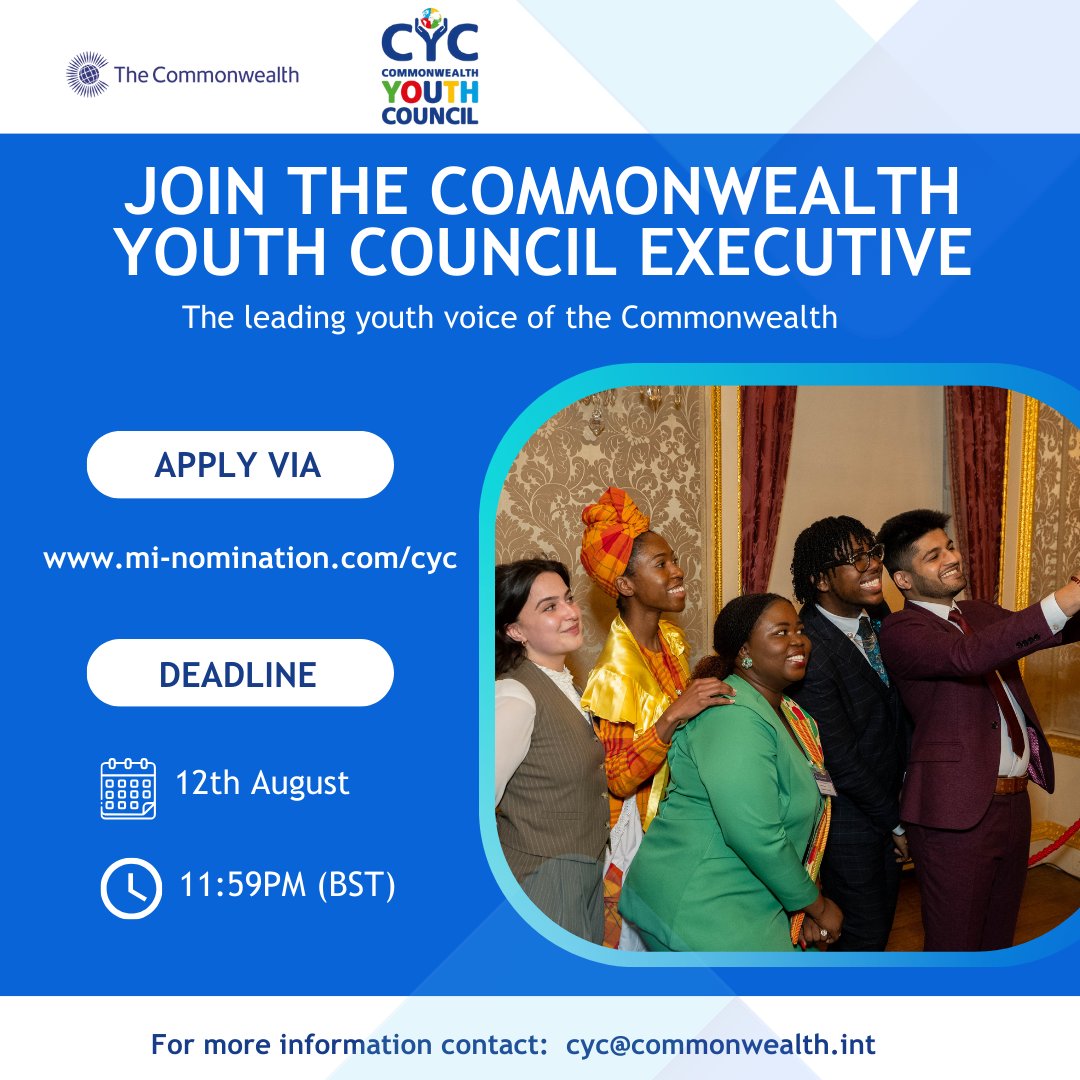Are you a youth leader passionate about youth advocacy and development?

Join the dynamic and visionary Commonwealth Youth Council executive team to serve on the 2024-2026 cohort!

For more details: bit.ly/4dh2Gm5

Apply: mi-nomination.com/cyc

<a href="/Official_CYC/">#CYC</a>