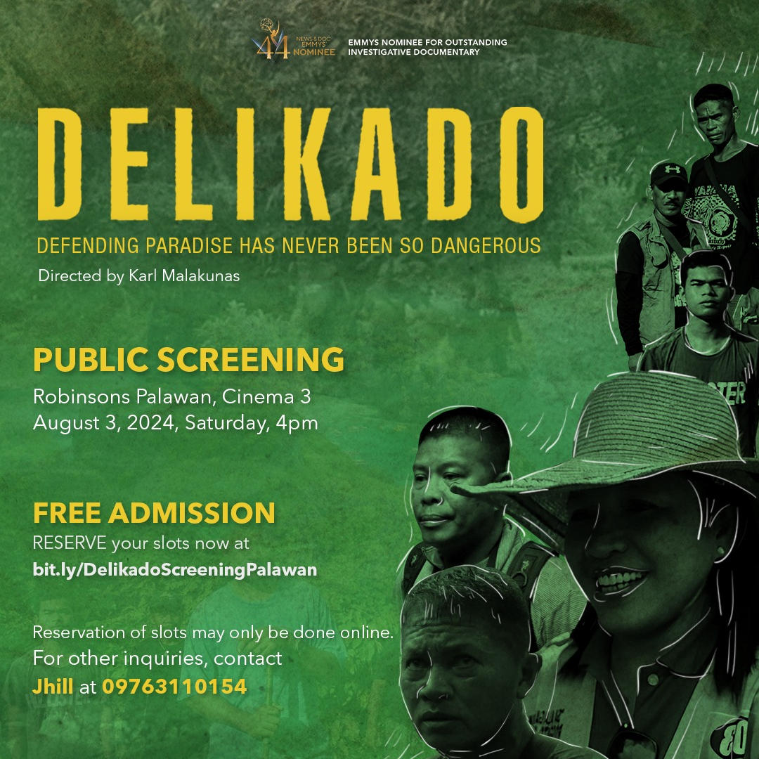DelikadoFilm (@delikadofilm) on Twitter photo Finally, at long last, and last minute, we are incredibly excited to announce the first screening of Delikado in Palawan!!! This Saturday at Robinsons in Peurto Princesa.
Seats are FREE but limited!
#DelikadoFilm #DefendTheDefenders #SavePalawan Finally, at long last, and last minute, we are incredibly excited to announce the first screening of Delikado in Palawan!!! This Saturday at Robinsons in Peurto Princesa.
Seats are FREE but limited!
#DelikadoFilm #DefendTheDefenders #SavePalawan