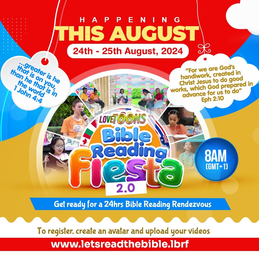 Lovetoons4kids's tweet photo. It's 23days to the largest bible reading event for children 🙏
You should register your kids as it comes with Espees prizes.
What are you waiting for??? Log on to https://t.co/tHkeT4wOtY
#lovetoonstv
#lrbf
#kids
#summer https://t.co/7m4UF98IsF