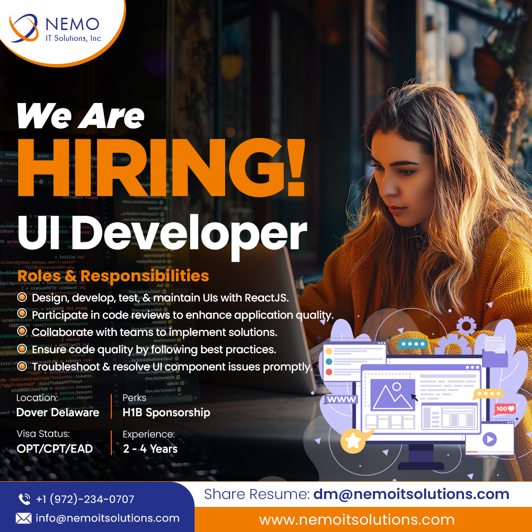 nemoitsolutions's tweet image. Role: UI Developer
Experience: 2 - 4 Years & Location: Dover, Delaware
Email Resume: dm@nemoitsolutions.com
.
.
.
#frontend #uideveloper #uiengineer #ui #frontendtechnologies #reactjs #frontenddeveloper #html #css #optjobs #cptjobs #optjobsinusa #cptjobsinusa #ushiring