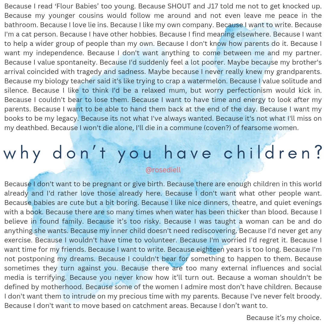1/2 For those who have chosen not to have children, there's no simple answer to this question. Instead, for #InternationalChildfreeDay I decided to list just some of my reasons. What are yours?