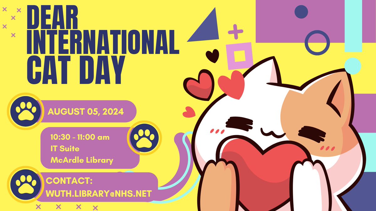 For all you cat lovers, we are having a Drop Everything and Read session on Monday Aug 5th for #internationalcatday 
Did you know 30 min of reading improves wellbeing at work? Email wuth.library@nhs.net to reserve your spot. <a href="/WUTHstaff/">WUTH Staff</a>