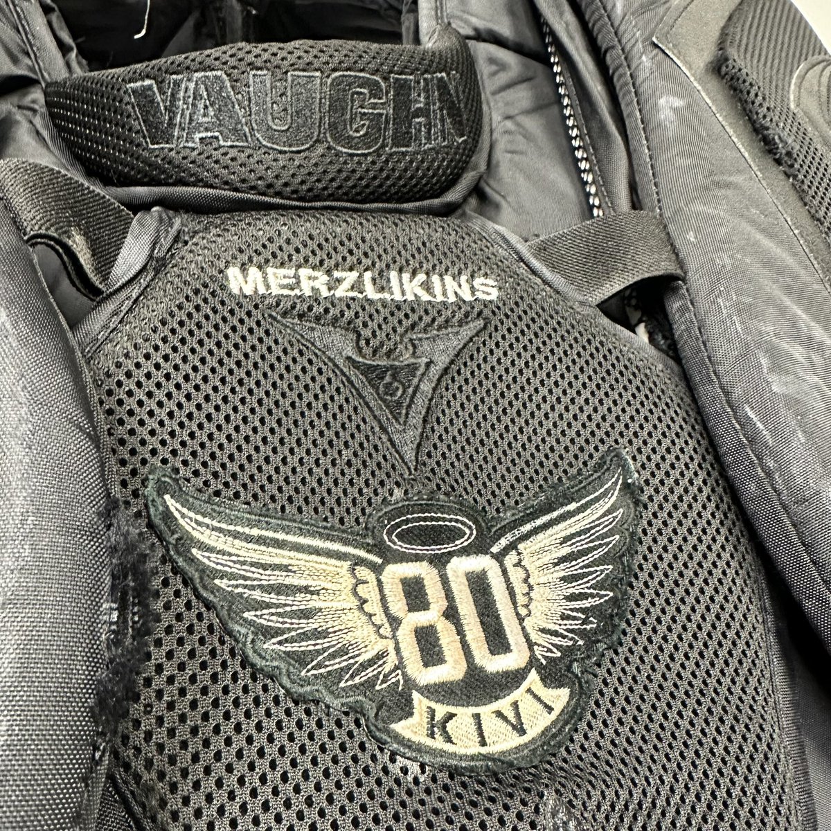 prostockhockey's tweet photo. Elvis Merzlikins with a beautiful addition to his chest protector 🫶🏼

Keeping the memory of his late friend Matiss Kivlenieks alive 😇 https://t.co/A4vsBhD8oZ