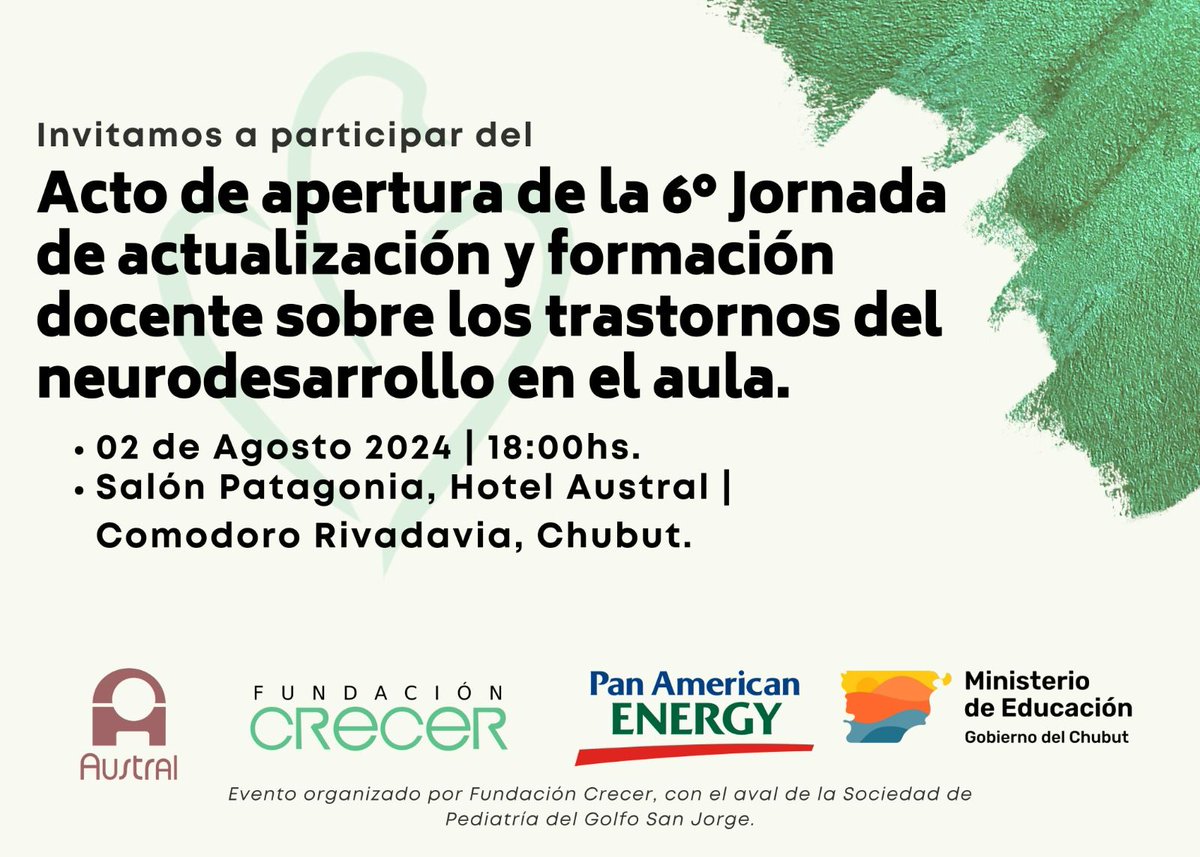 ‼📅 Los invitamos a la apertura de la 6° Jornada de actualización y formación docente sobre los trastornos del neurodesarrollo en el aula, que se realizará mañana a las 18 en el Salón Patagonia, del Hotel Austral, en Comodoro Rivadavia.