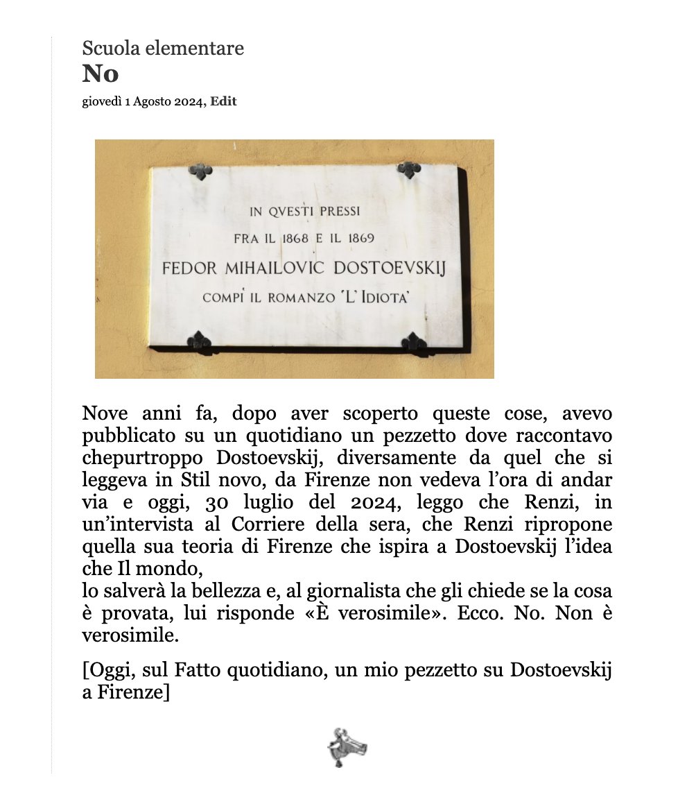 paolonori's tweet photo. purtroppo Dostoevskij da Firenze non vedeva l’ora di andar via e quando Renzi dice che Firenze ispira a Dostoevskij l’idea che Il mondo lo salverà la bellezza mi vien da dire di no, che non gliela ispira. https://t.co/9bJbKHsa3G