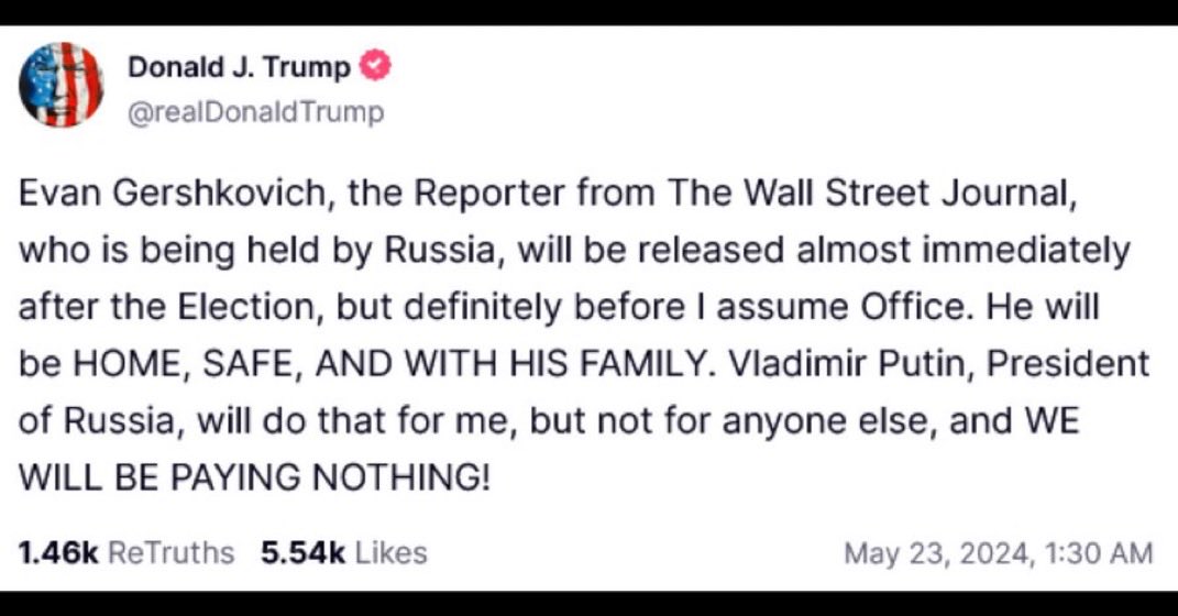 Trump attempted to use Evan Gershkovich, the American journalist recently freed after being falsely imprisoned in Russia, as leverage for his re-election campaign. However, President Biden has denied him that opportunity.