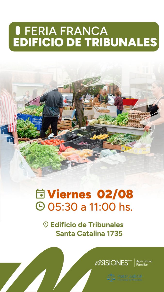 Mañana, desde las 5:30 horas, te esperamos en la feria franca mensual del Edificio de Tribunales, en Av. Santa Catalina 1735.
 Vení a disfrutar la experiencia de sabores, aromas y colores, provenientes de productos de nuestra tierra.

Acercate!