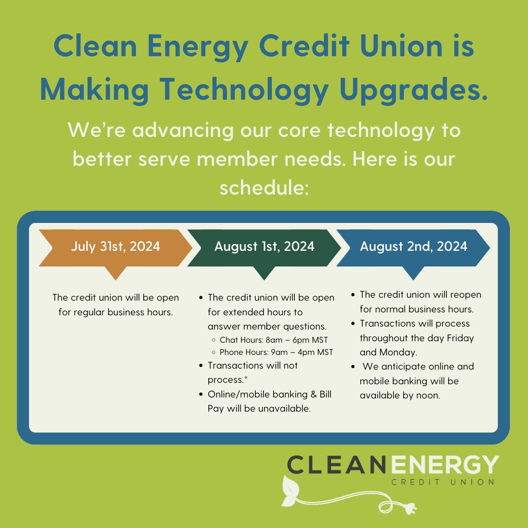 A reminder that On August 1st 2024, we will be upgrading our core operating system. During this time online / mobile banking will be unavailable and transactions will be delayed. See details on what you can expect and timing here: cleanenergycu.org/resources/tech…