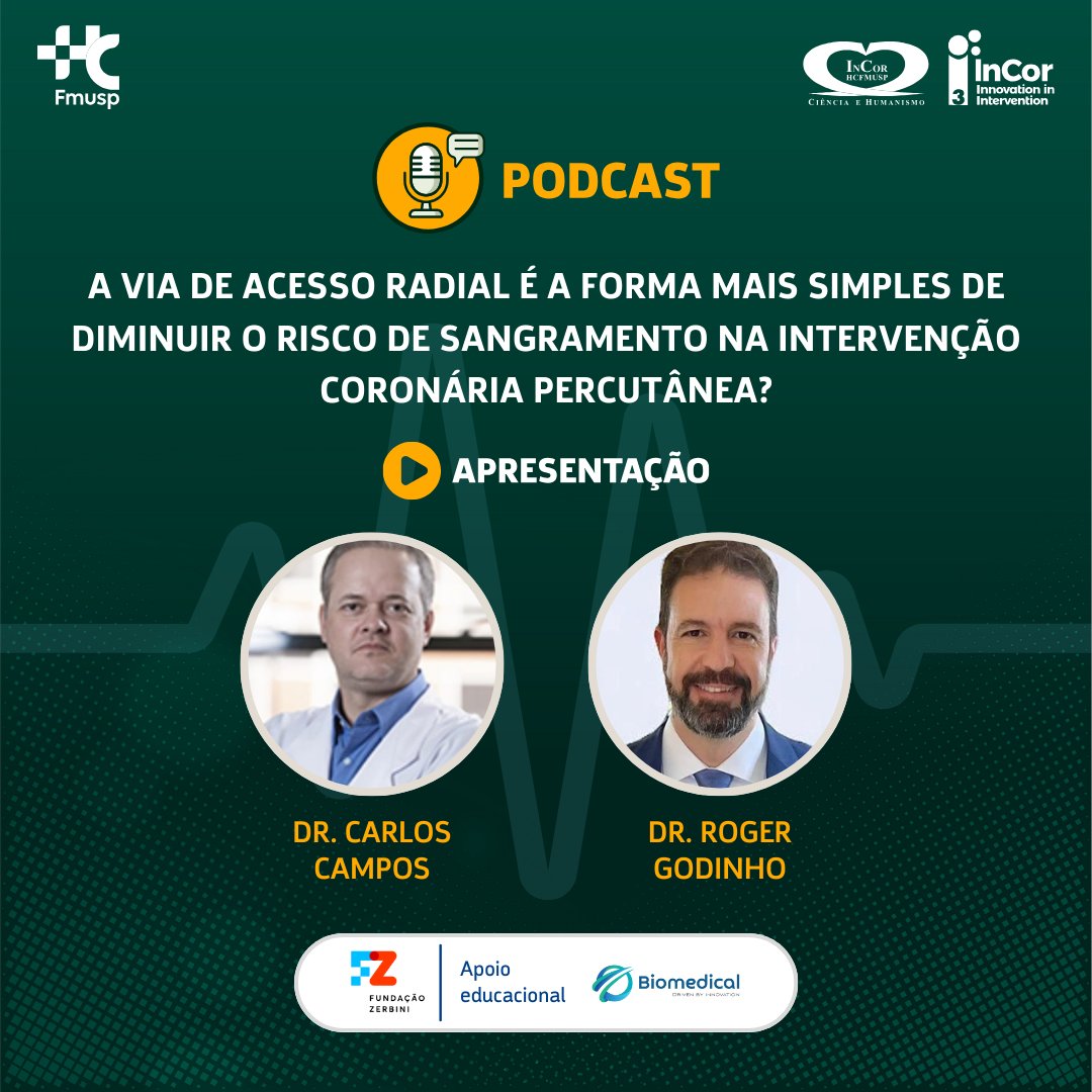 A via de acesso radial é a forma mais simples de diminuir o risco de sangramento na #intervençãocoronáriapercutânea?

Os Drs. Carlos Campos e <a href="/Roggg8/">Roger Godinho, MD, PhD</a> batem um papo sobre o assunto no novo episódio do #PodcastTripleI: open.spotify.com/episode/19BYw4…