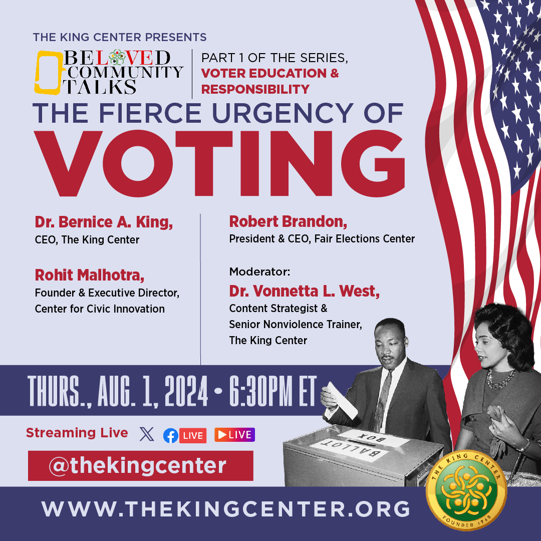 BerniceKing's tweet photo. Our right to vote is fundamental and comes with responsibilities. Tune in today at 6:30 PM ET for ‘The Fierce Urgency of Voting,’ part of @TheKingCenter’s #BelovedCommunityTalks series on ‘Voter Education &amp; Responsibility.’

#Voting #ElectionsMatter #MLK #ShiftTheCulture https://t.co/TihFcNynu2