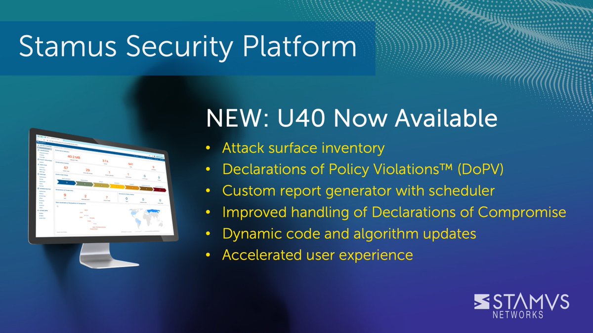 StamusN's tweet photo. Stamus Networks is thrilled to announce the release of Stamus Security Platform U40! Our flagship NDR system now offers enhanced attack surface visibility, advanced threat detection, and powerful reporting. Empower your cyber defense team today! Read more: https://t.co/kKcOS1glPX https://t.co/Pq1fLuUTTD