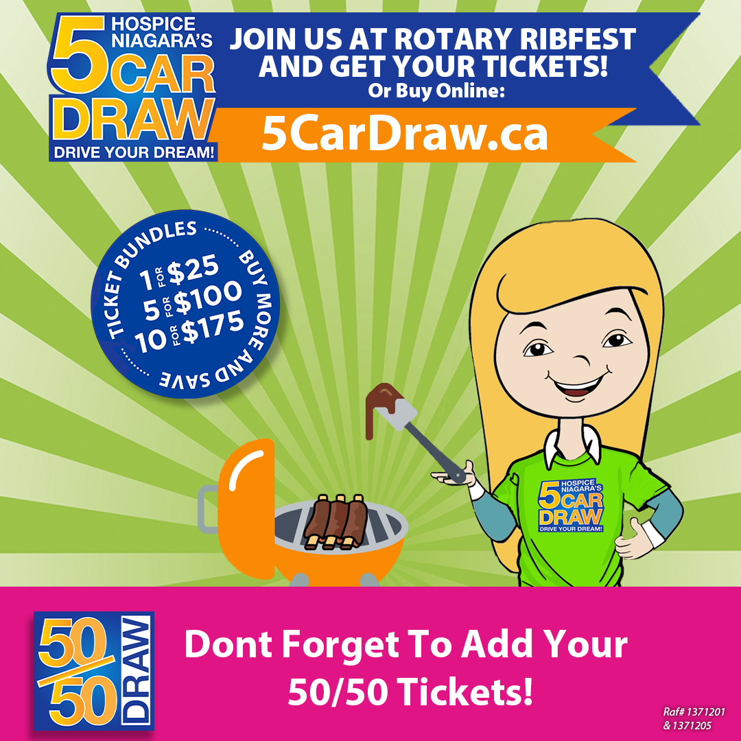 HospiceNiagara's tweet image. Join us at the St. Catharines Rotary Ribfest at Montebello Park from August 2-5th! 

We'll be selling 5 Car Draw tickets. 

Support Hospice Niagara and get your chance to win big!

#5CarDraw #ribfest #WinBig #SupportHospice #DriveChange