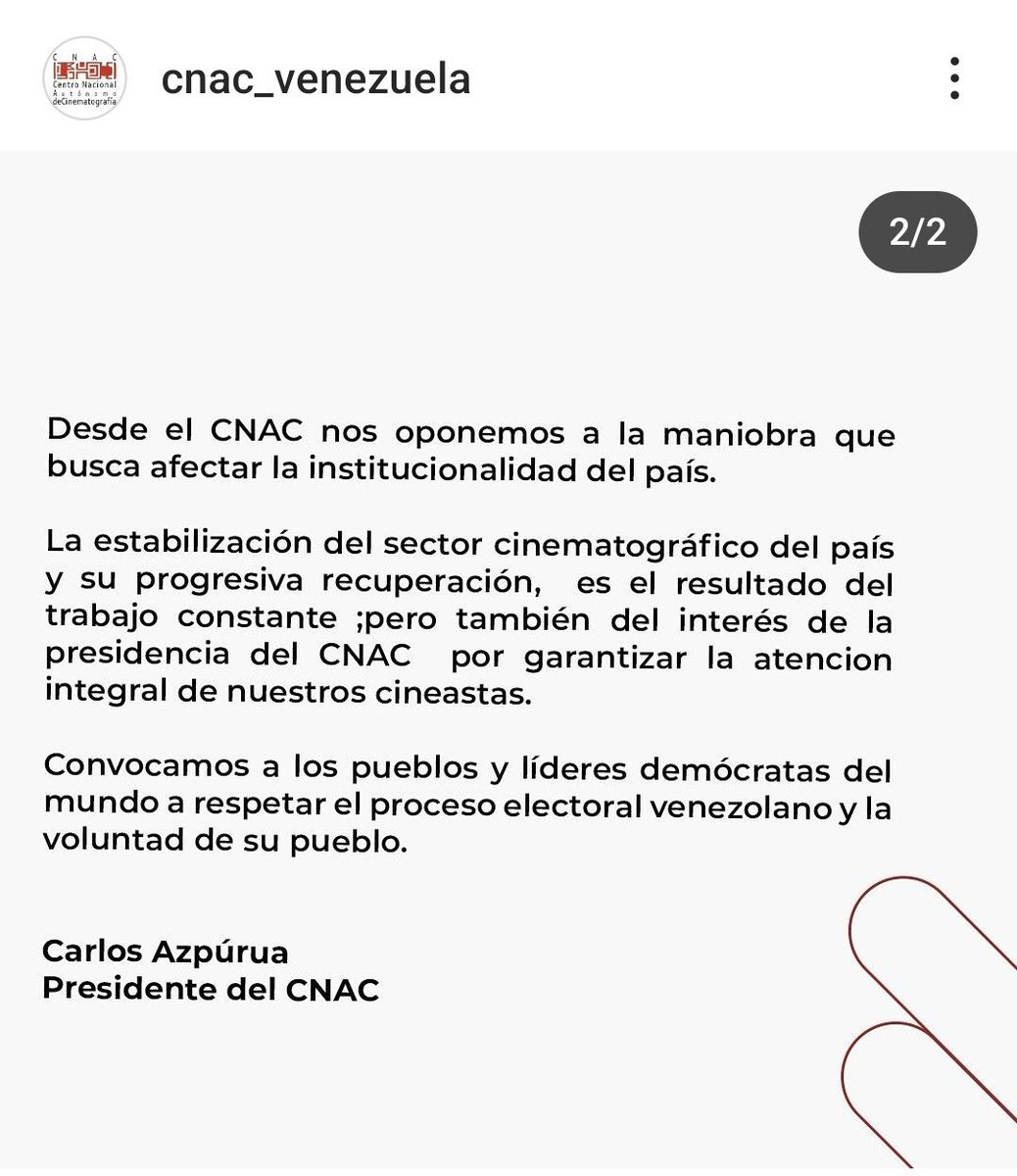 Rechazamos categóricamente el comunicado de la autoridad cinematográfica venezolana. Defienden a una tiranía que mata, desaparece, tortura y destierra. A las autoridades cinematográficas del mundo, a los cineastas, a los festivales, a quien sea: defiendan ya nuestra libertad.
