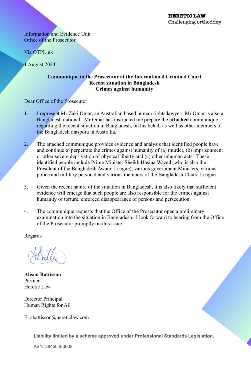 ZulkarnainSaer's tweet image. Considering the recent events in Bangladesh, an Australian legal firm has filed a communique with the International Criminal Court @IntlCrimCourt to consider the matter for preliminary examination, claiming that crimes against humanity have been committed in the country. The…