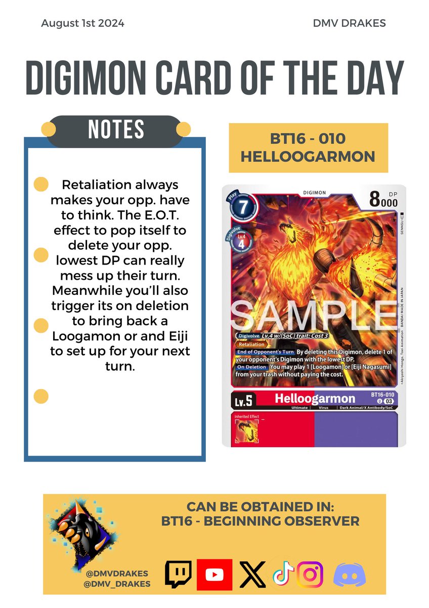 DMV_Drakes's tweet photo. Todays @digimon_tcg_EN Card of the Day
BT16-010 Helloogarmon
#dmvdrakes #digimon #digimoncardgame #digimontcg #cotd #cardoftheday #bt16 #beginningobserver #helloogarmon https://t.co/M2h6Qas8P6