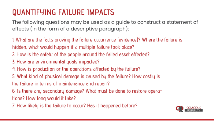 The failure effects should describe and quantify the impact of every root cause on business objectives about cost, safety, and environmental impacts | #RCM #Courses #Maintenance #Reliability
