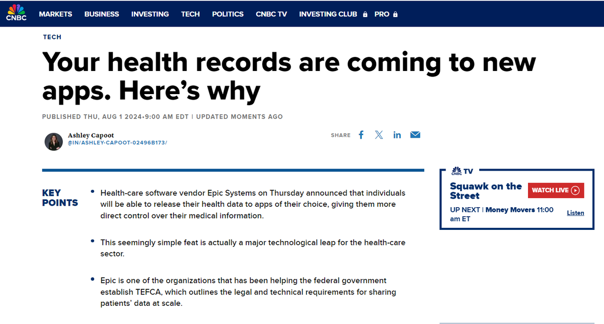 mickytripathi1's tweet image. Excited to see #TEFCA Individual Access moving forward! A great step forward for patient access and #FHIR at scale, and opening for app developers to innovate.

Still more work to do on patient user experience, but this is a vital, necessary, first step.

cnbc.com/2024/08/01/epi…