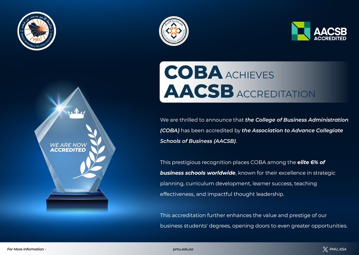 PMU_KSA's tweet photo. Extraordinary achievement! 
The College of Business Administration @PMU_KSA awarded @AACSB accreditation, showcasing world-class business education &amp; placing it among the top 6% of business schools worldwide! Congratulations PMUers!
#PMUers #KSA #HigherEducation #BusinessSchools https://t.co/Qb76vVWP0i