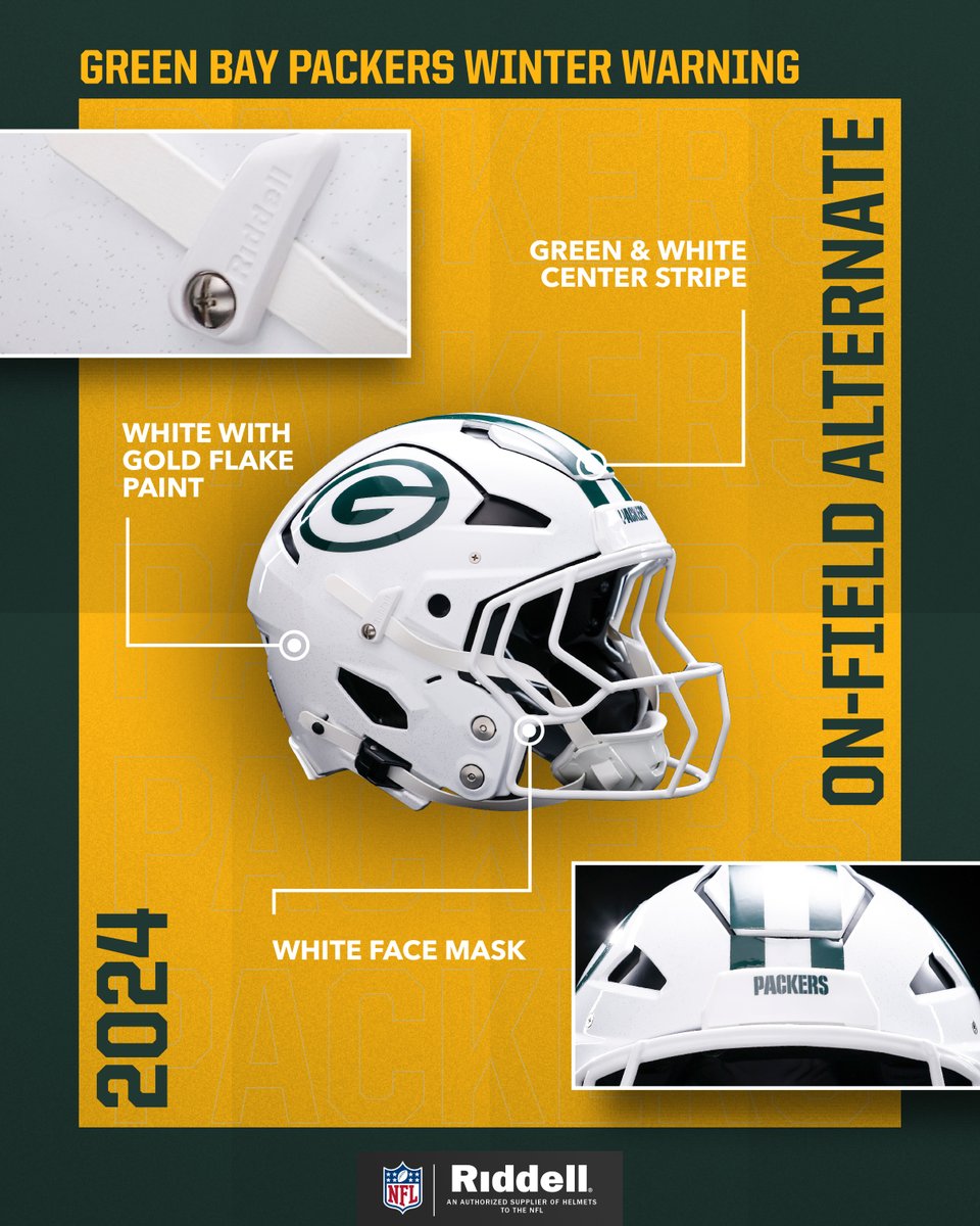 RiddellSports's tweet photo. Winter is coming early, Green Bay‼️
These new #OnFieldAlt helmets are giving us all the chills @packers ❄️❄️ https://t.co/BhdYUUFGFS