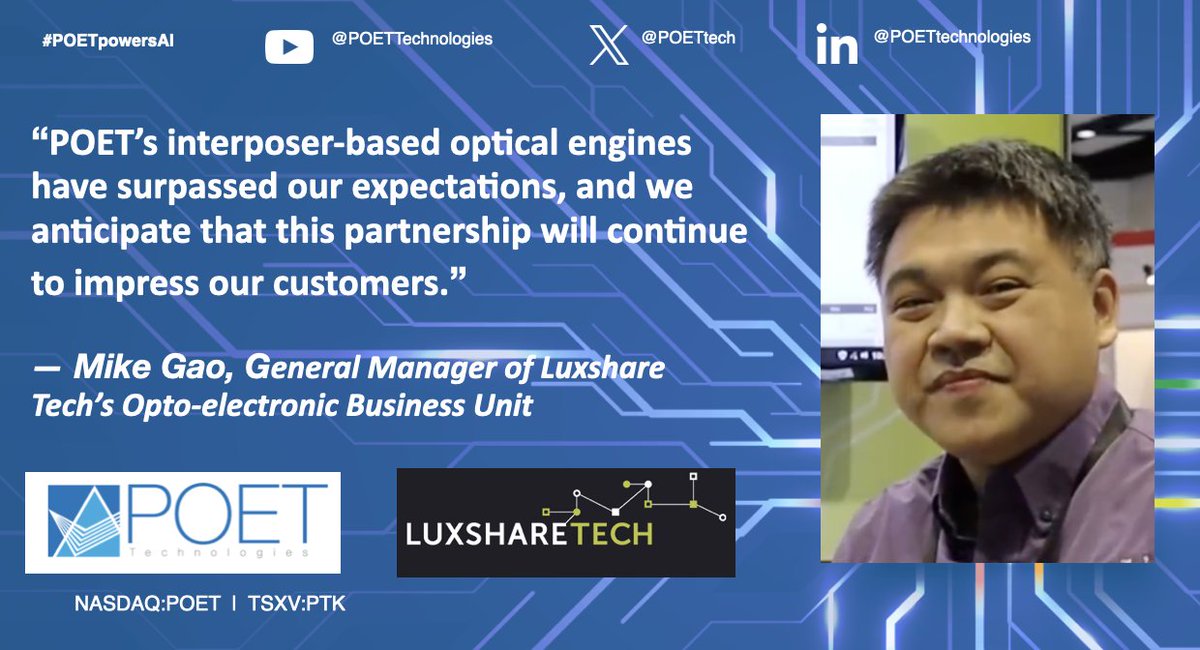 POETtech's tweet photo. NEWS: "POET and Luxshare Tech Expand Product Offerings for #AI Networks"

"Selected POET optical engines will be integrated into existing Luxshare Tech products that are already on the market."

Press release:
https://t.co/Tz2R8sjNHy
#POETpowersAI https://t.co/CXj166v8Vn