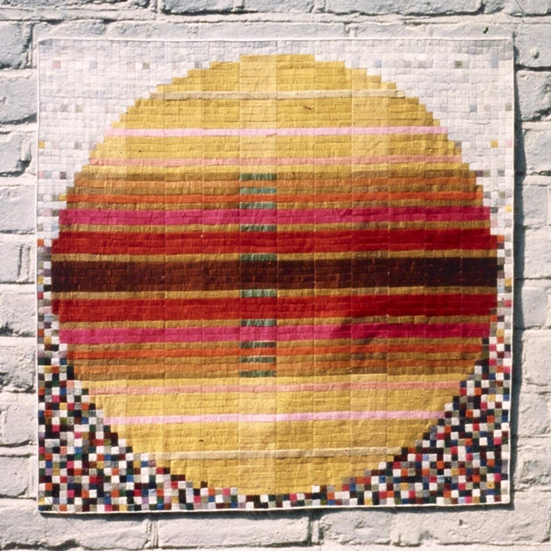 Pixelated sunshine? Midnight Sun #silkmosaic, #LucienneDay, 1980s. The #Sun was a recurrent theme in Lucienne's handstitched #silkmosaics - perhaps she was inspired by the light-reflecting brilliance of the #silks.