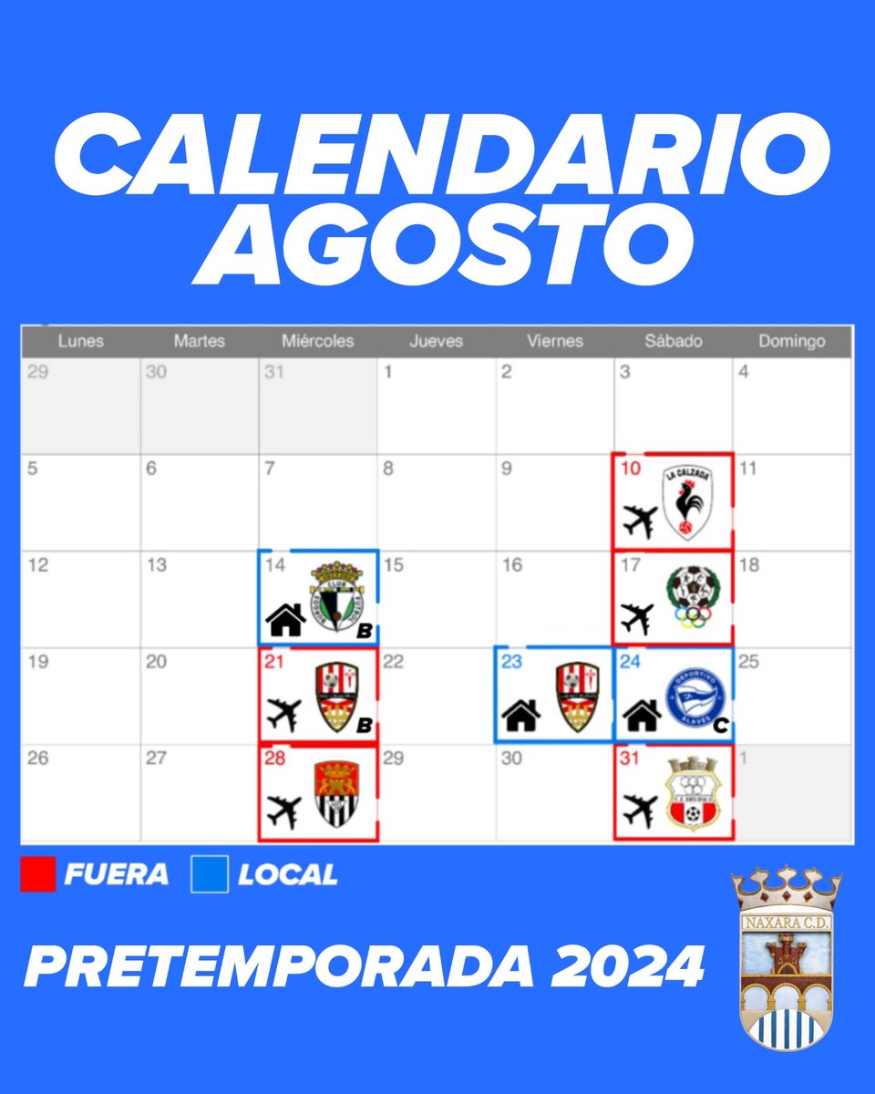 PRETEMPORADA 

⚽️ El primer equipo jugará 8 partidos amistosos en agosto, 3 en casa y 5 fuera para preparar el inicio de la temporada 2024/25. 

Los horarios están a falta de confirmación. 

#AúpaNáxara #SoyDelNáxara #TerceraRFEF #SienteLaMagiaDeLaSalera