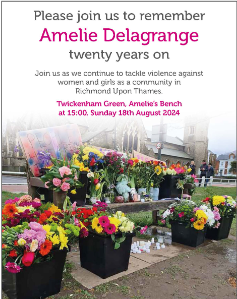 KatieMansfield's tweet photo. Twenty years ago the unthinkable happened on Twickenham Green.  A a community we are coming together on 18 August to remember Amelie Delagrange. and understand what we can do to prevent violence like this in the future.  Please join us. https://t.co/yZ5nnTv2dt