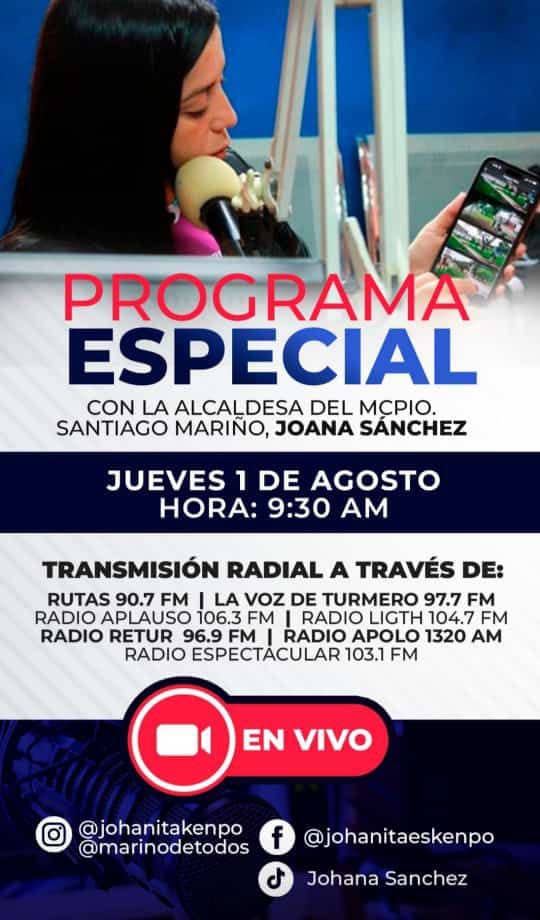 No te pierdas hoy programa especial Alcaldesa Joana Sánchez! 
#1Ago #PuebloDeJusticia
#ComunicadoresLegislativo #Aragua #Mariño 

¡Venezuela país de Paz!