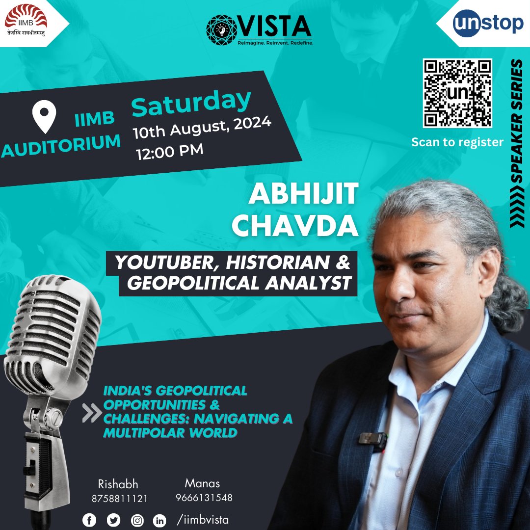 Presenting the one and only Mr. <a href="/AbhijitChavda/">Abhijit Chavda</a> —an esteemed YouTuber, historian, and geopolitical analyst—at Vista 2024! 🌏 On August 10th, join us for an illuminating session. #Vista2024 #Geopolitics #IndiaInFocus #speakerseries