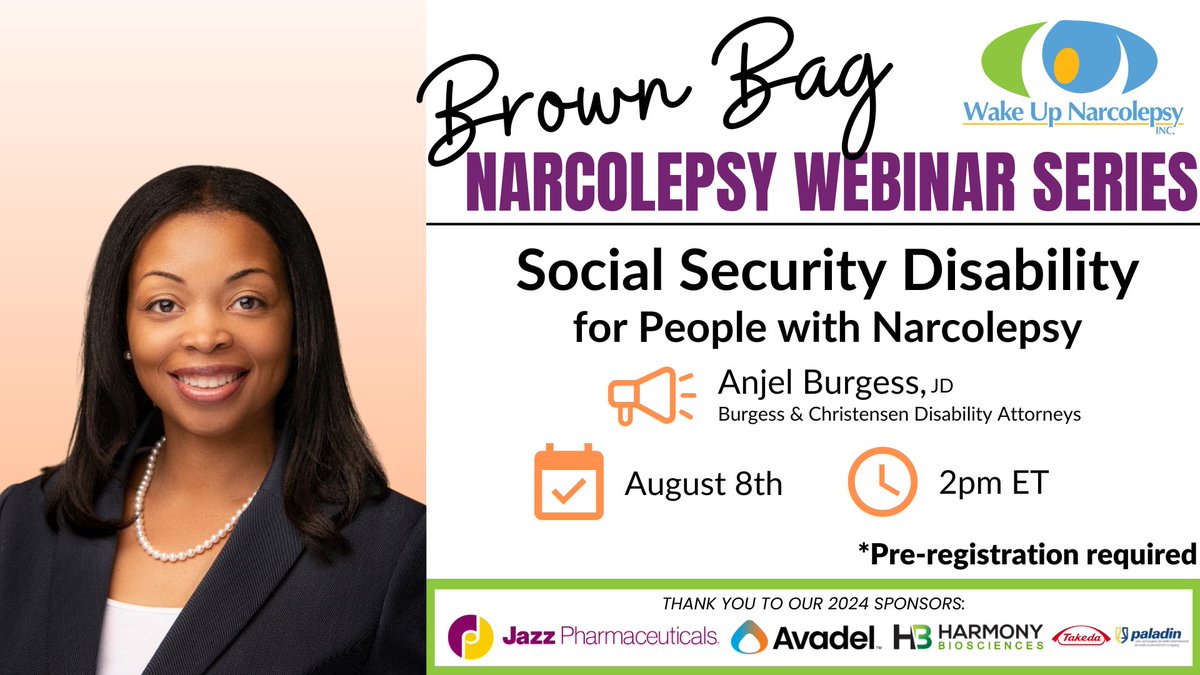 wakenarcolepsy's tweet image. DON&apos;T FORGET to REGISTER for August&apos;s Brown Bag Webinar, #SocialSecurityDisability for People with #Narcolepsy!

Join us on August 8th at 2pm ET to hear from Anjel Burgess, JD. 

Register:  wakeupnarcolepsy-org.zoom.us/webinar/regist…

Thank you to our sponsors!