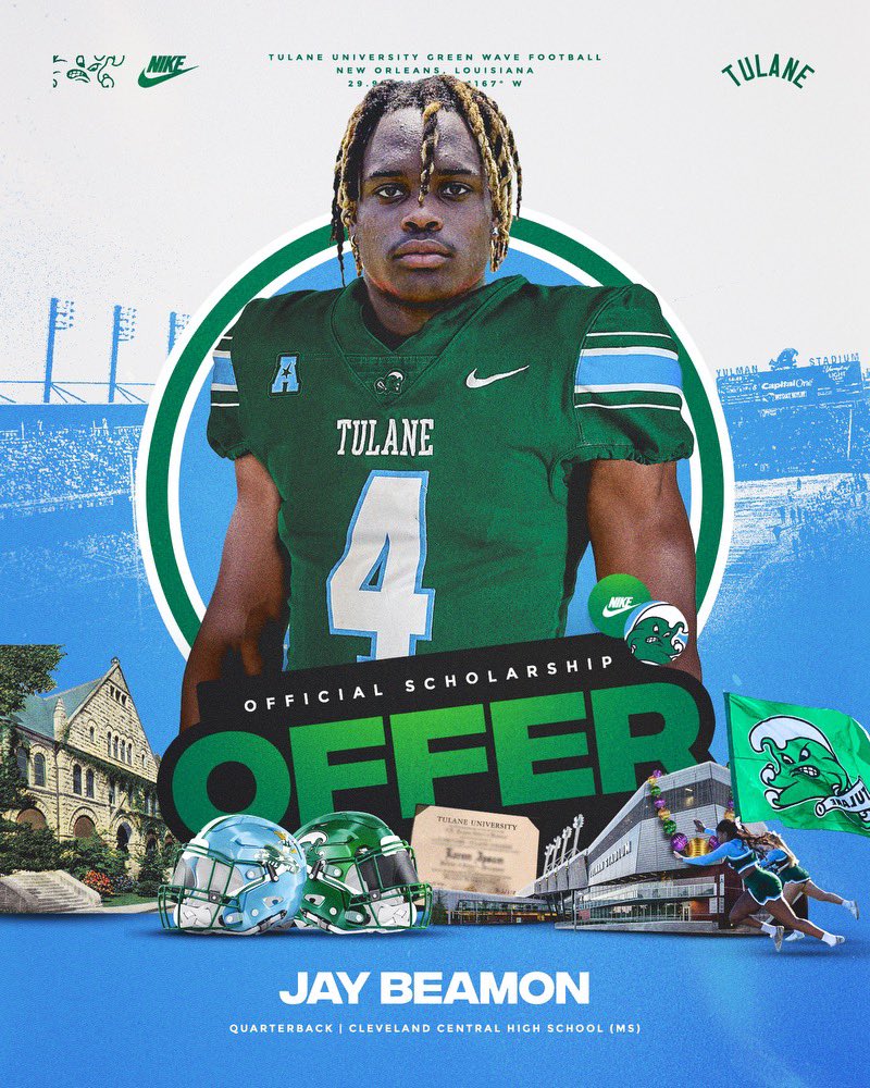 More than blessed to Receive an Official Scholarship to Tulane University⚪️🟢 #RollWave <a href="/wyattdalton4/">Wyatt Davis</a> <a href="/CoachJonSumrall/">Jon Sumrall</a> <a href="/CoachSchexTU/">Kyle Schexnayder</a> <a href="/CoachBamHardmon/">Coach Bam Hardmon</a> <a href="/CollinDAngelo/">Collin D'Angelo</a> <a href="/CoachT_Orgeron/">Tyler Spotts-Orgeron</a> <a href="/CoachCraddock/">Joe Craddock</a> <a href="/coachsauce__/">Rodney "Sauce" Saulsberry Jr.</a> @ColeHeard_GM <a href="/MacCorleone74/">Rion (Ree-un) Young</a> <a href="/Rebels247/">David Johnson</a>