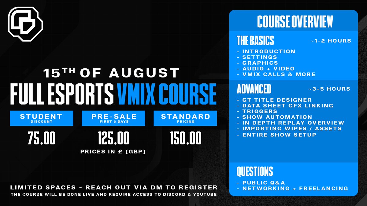 Running a LIVE vMix Course on the 15th of August! (in 2 weeks)

- Limited spaces (small group only)
- Start 18:00 UK time
- VOD available afterwards

Send a DM to me if you're interested!