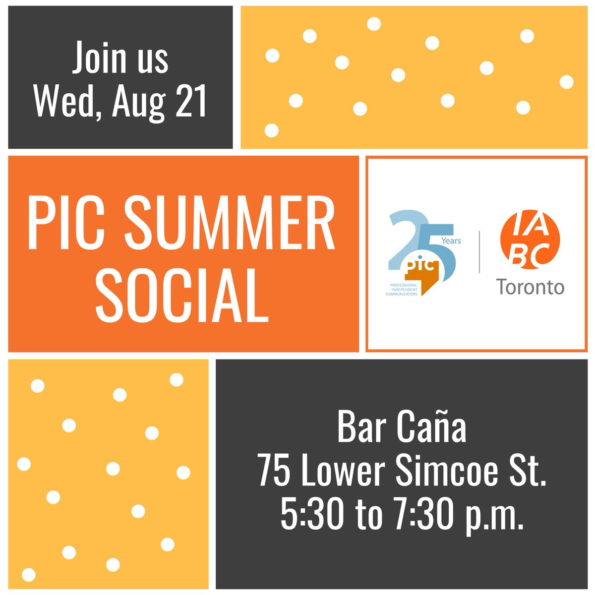 Just three weeks until our summer social marking PIC’s 25th year supporting indie communication professionals. Join us at 5:30 p.m. Wednesday, August 21, at Bar Caña at SOCO Kitchen &amp; Bar, 75 Lower Simcoe St., Toronto. Register now: karelo.com/register.php?B…