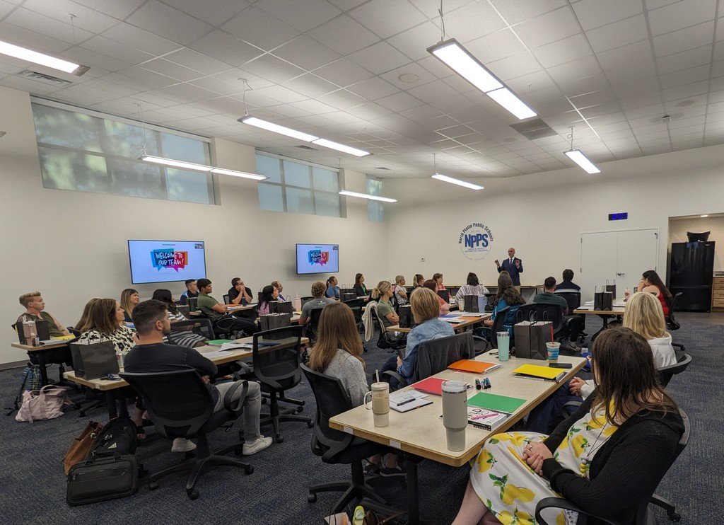 nppsd's tweet photo. Lots of enthusiasm and excitement in this room this morning! We love the energy our new teachers are bringing on their first day! Welcome to North Platte! #WeRNPPS https://t.co/rxGHME42uw