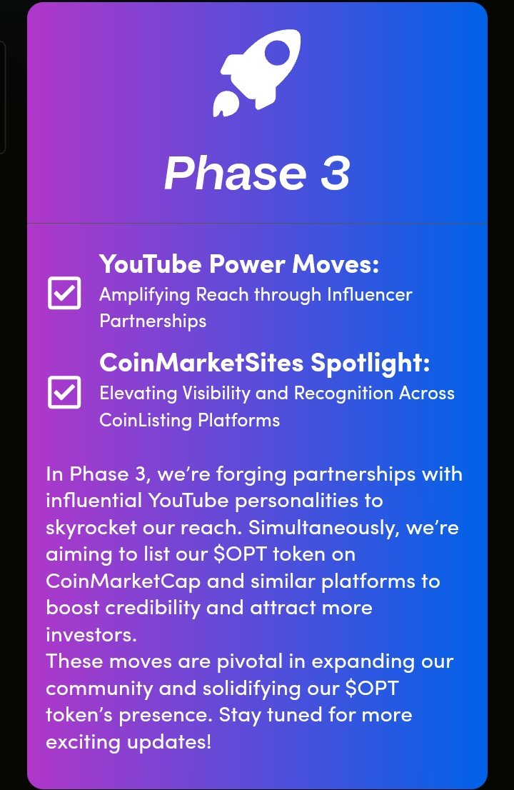 Karshdgreat1's tweet photo. ๐๐พ๐ฐ๐ณ๐ผ๐ฐ๐ฟ
@OPT_Coin Roadmap Consist of 6 PHASES and A Token Burn phase
The Token Burn Face come after Phase 4 and it is set to start by AUG 11th 2024
Here Is PHASE 1 - 4 of @OPT_Coin
๐๐๐๐๐๐๐๐๐๐๐
$OPT #BadAssBot #NFTs @OPT_Coin https://t.co/hEyji2SMZ0