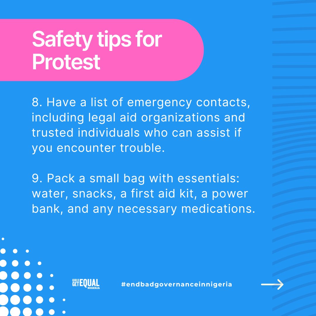 GGE_Naija's tweet image. Remember to carry ID, stay in groups, and avoid isolated areas. Pack essentials, know your rights, and stay updated with reliable information. Together, we can make a difference. 

#EndBadGovernanceInNigeria 
#Peacefulprotest
#ProtestSafely
#StandForChange 
#NigeriaProtests