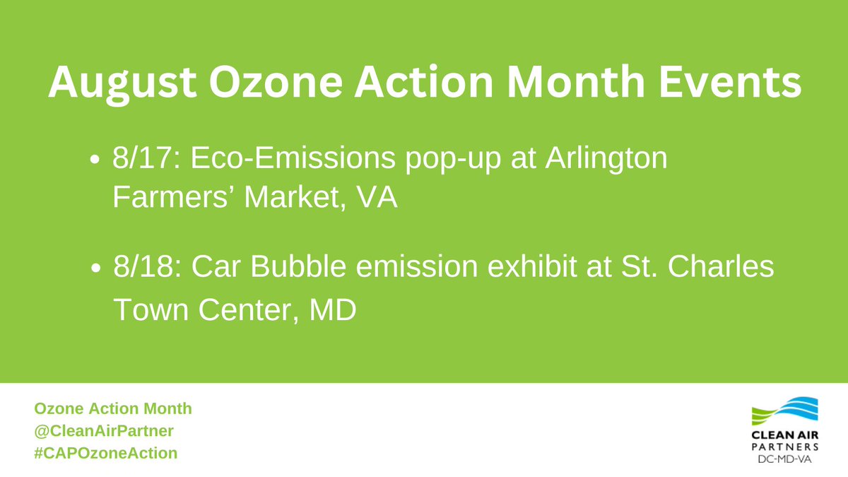 CleanAirPartner's tweet photo. Come celebrate #CAPOzoneAction Month with us! π
π Mark your calendars for these exciting #EcoDriving-related events designed to encourage more sustainable driving habits. We hope to see you there! ππΏ https://t.co/Dc94qJvlkl