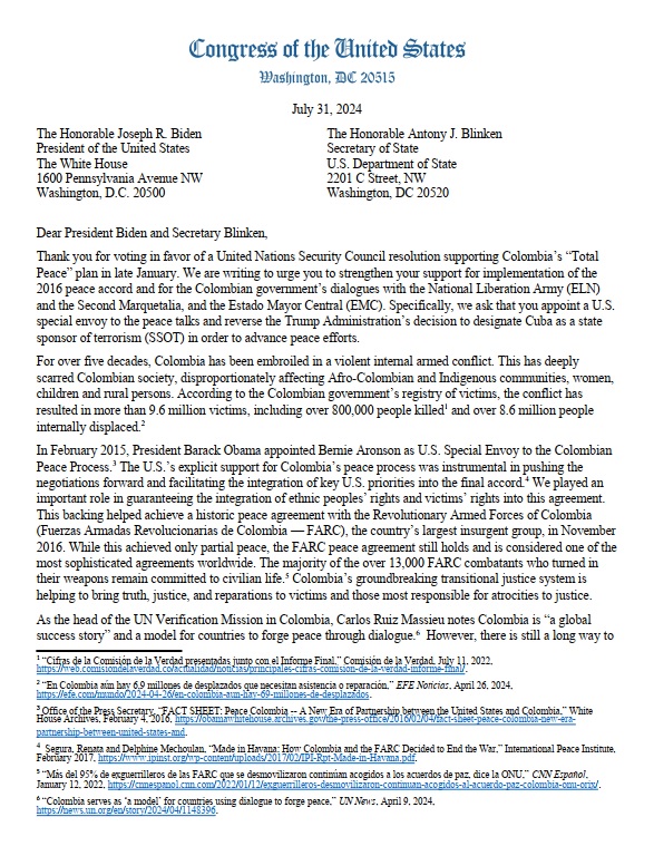 BrunoRguezP's tweet photo. En carta enviada por 46 congresistas de EEUU al presidente Biden, se reconoce arbitrariedad de inclusión de #Cuba en lista de Estados patrocinadores del terrorismo, por simple hecho de cumplir sus compromisos como garante del proceso de conversaciones para la paz en #Colombia. https://t.co/SgHLlHJSBo