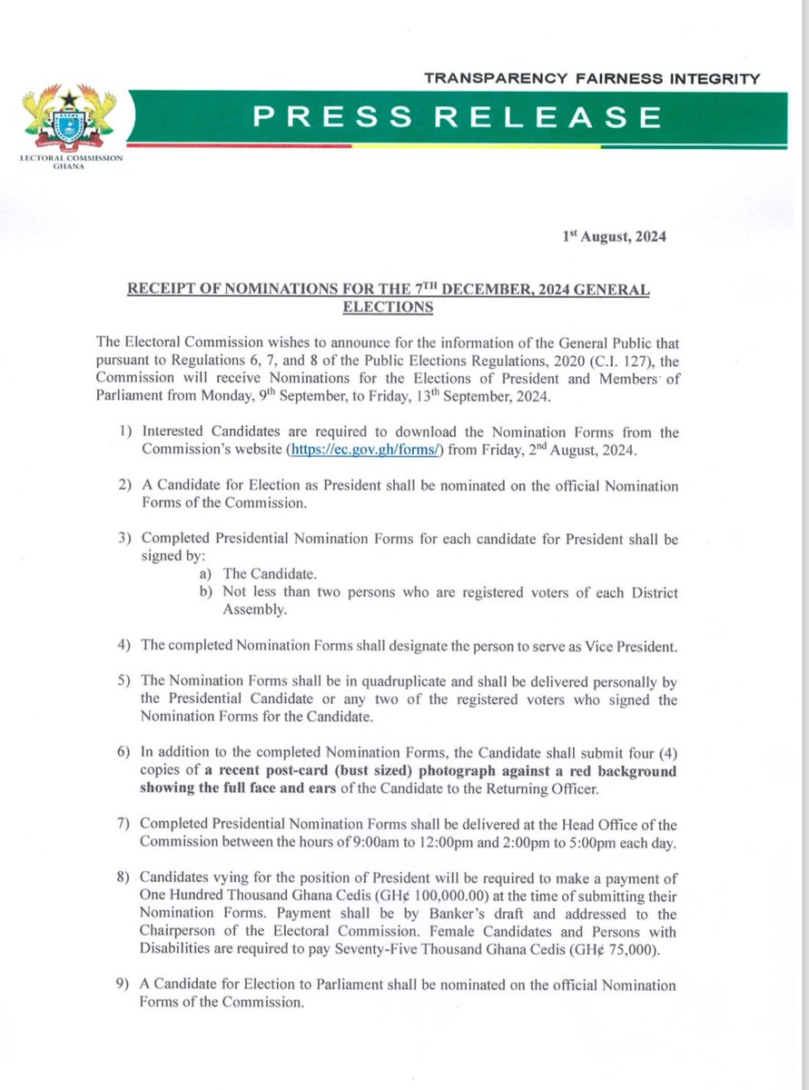 ECGhanaOfficial's tweet photo. RECEIPT OF NOMINATIONS FOR THE 7th DECEMBER, 2024 GENERAL ELECTIONS https://t.co/jwPbr3ySBN