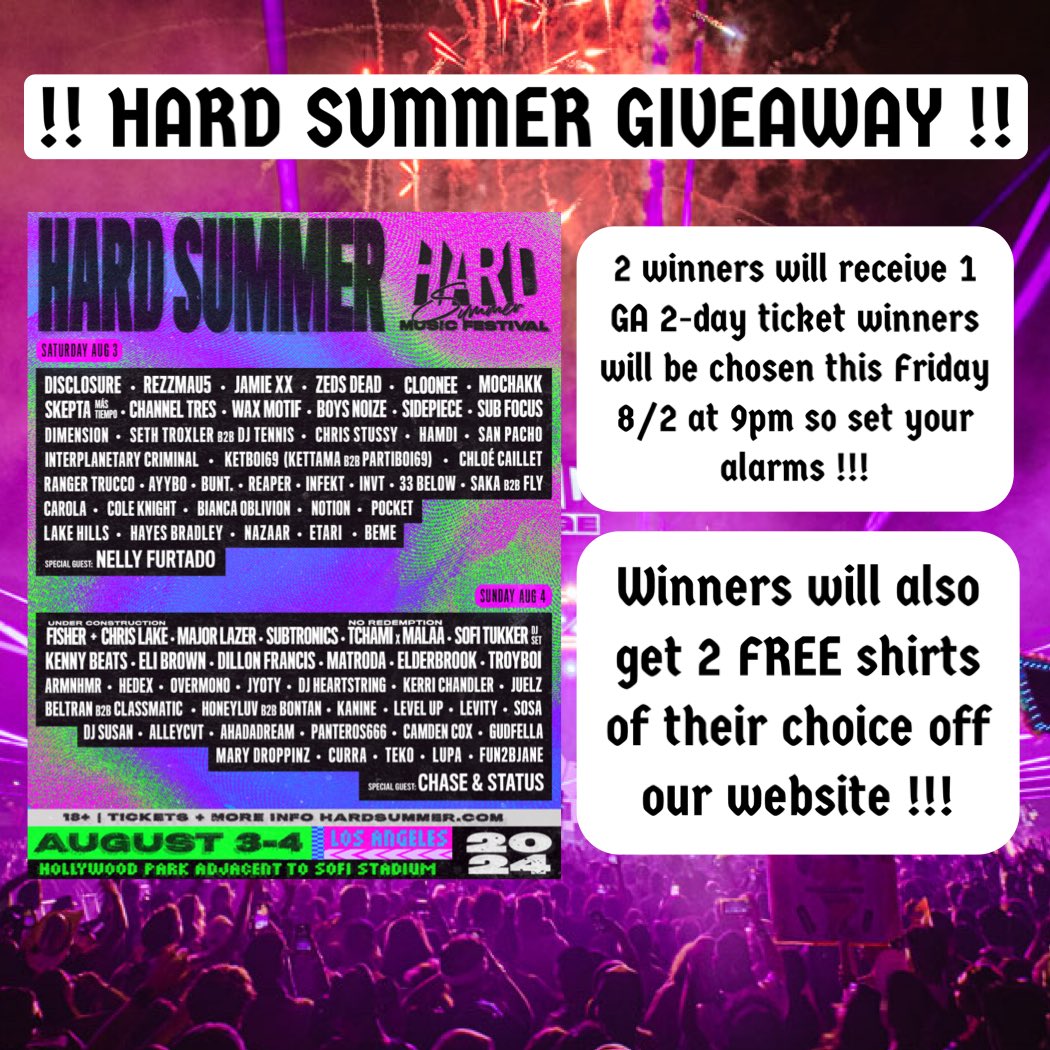 ‼️‼️ HARD SUMMER GIVEAWAY ‼️‼️

2 winners will receive 1 GA-2Day wristband &amp; 2 Free shirts from <a href="/Midnite_groovrs/">Midnight Groovers</a> 🔥
Rules:
1.Must be following <a href="/Midnite_groovrs/">Midnight Groovers</a> &amp; <a href="/gio_please/">CALL ⬇️ ME =</a> 🤝
2. Tag/Rt 2 friends in the comments (unlimited entries)

❤️‍🔥 Good luck everyone ❤️‍🔥