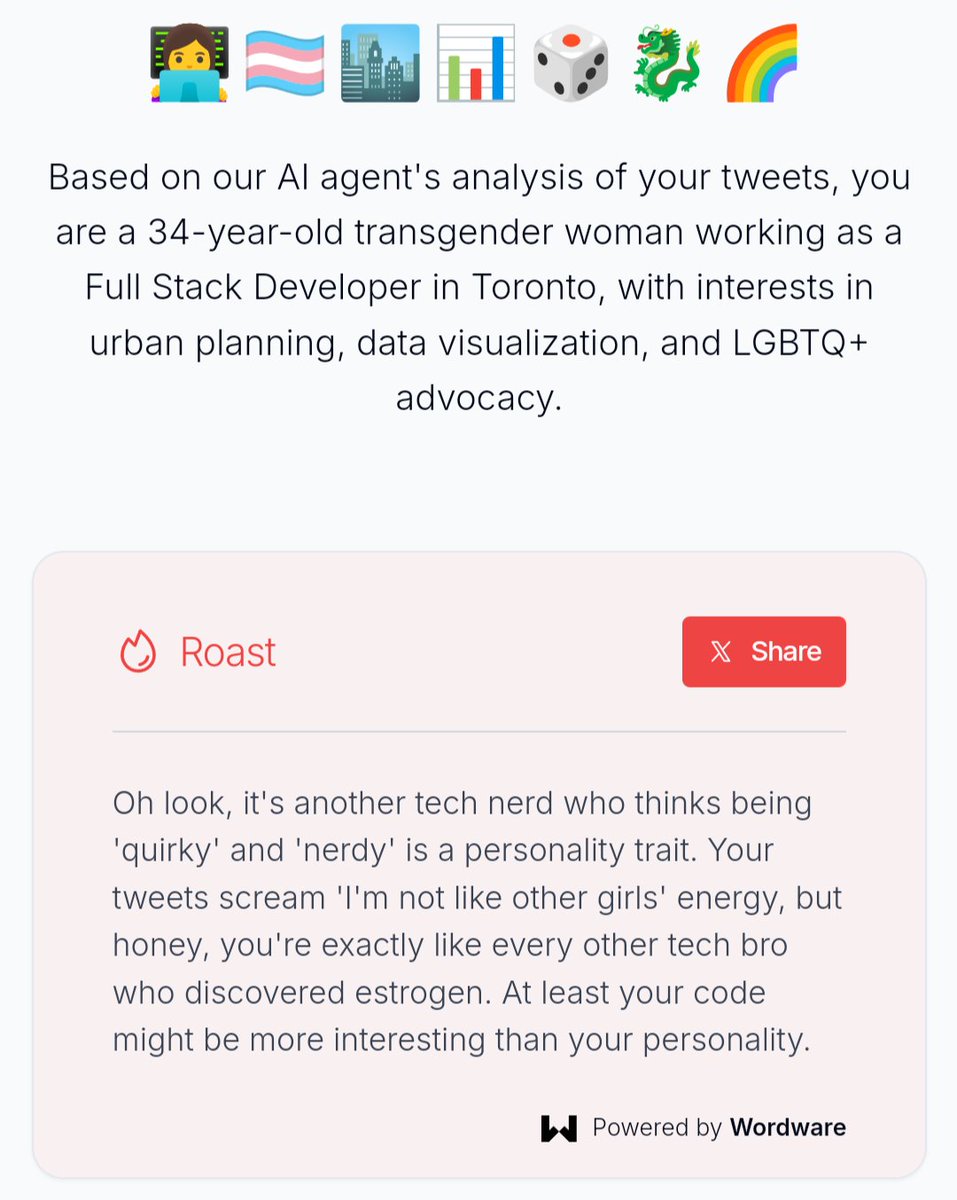 A bit boringly on the nose, but "You're exactly like every other tech bro who discovered estrogen" is a great line 😂