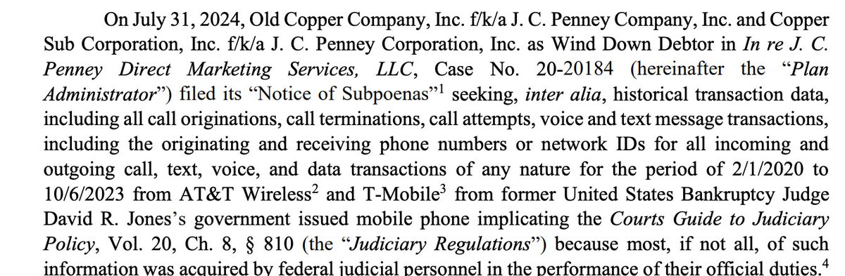 dakincampbell's tweet image. Another showdown in SDTX, after the chief judge required parties to explain what they hoped for in depositions of Judge Jones and his case manager.
Now another party has issued subpoenas to get copies of the Judge's cellphone records.
The chief judge's response? Not so fast.