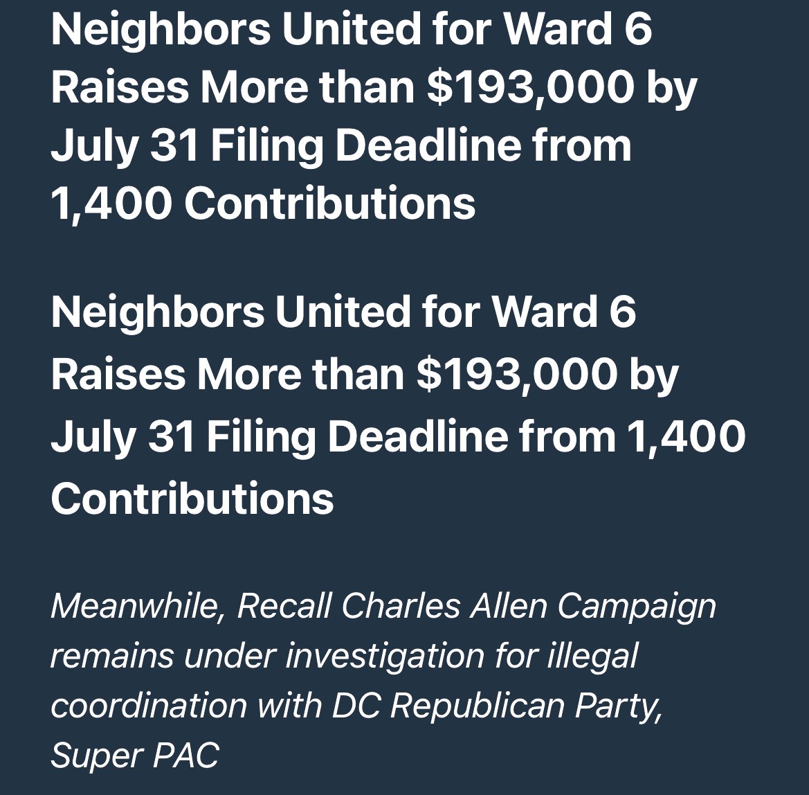 W6Neighbors's tweet photo. At the July 31 deadline, we are thrilled to have raised more than $193k in support of @charlesallen from 1,400 contributions. Nine in ten donors are DC residents and the majority are in Ward 6. Thank you neighbors for standing w/ Charles! #declinetosign! 

https://t.co/cKPtBoexZO https://t.co/bwJJDyxv47