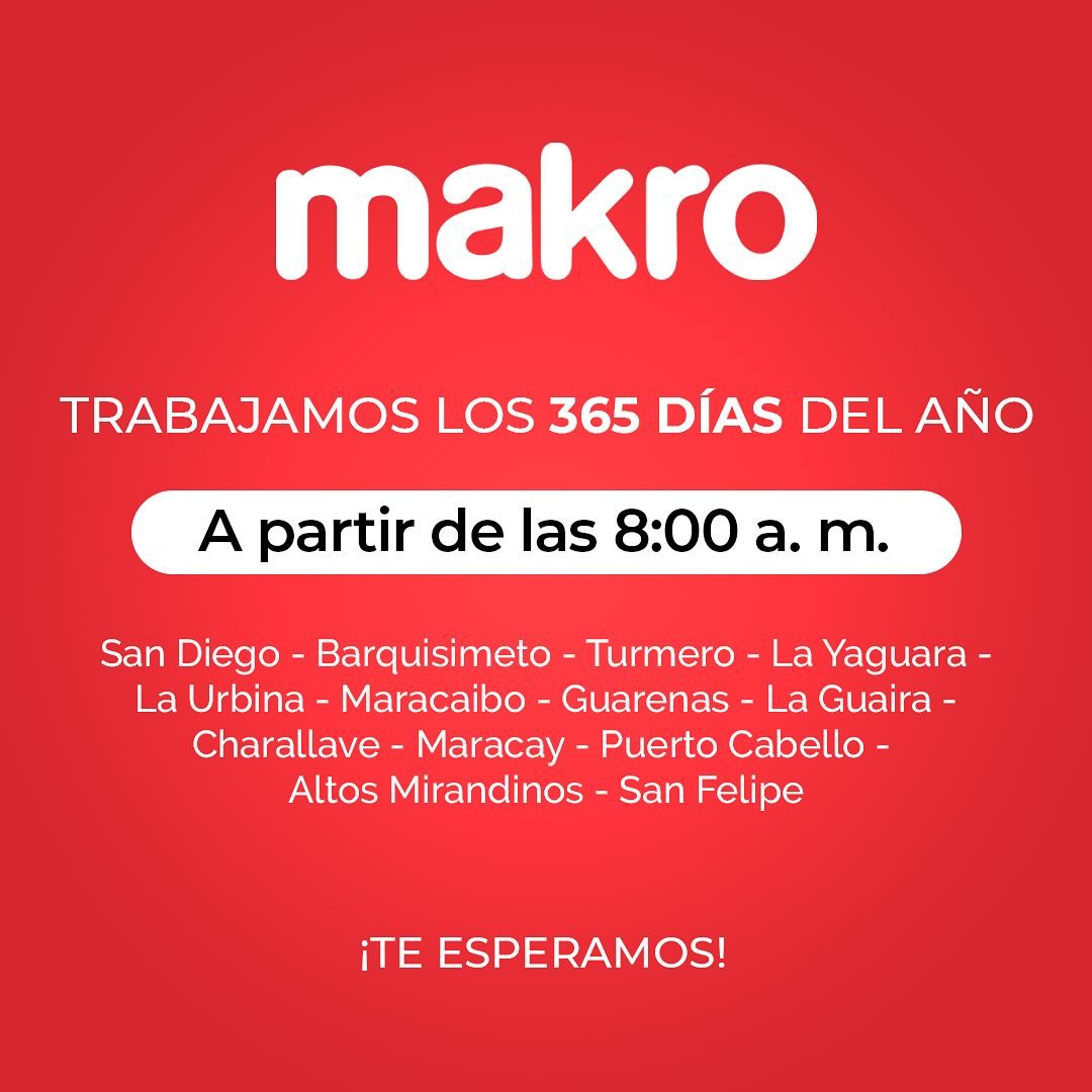 ¡Nos vemos en <a href="/makrovenezuela/">Makro Venezuela</a>! ❤️

Visítanos a nivel nacional y disfruta de los precios increíbles que preparamos para todas las familias venezolanas. 🤩

Te esperamos los 365 días del año a partir de las 8:00 a. m.❤️