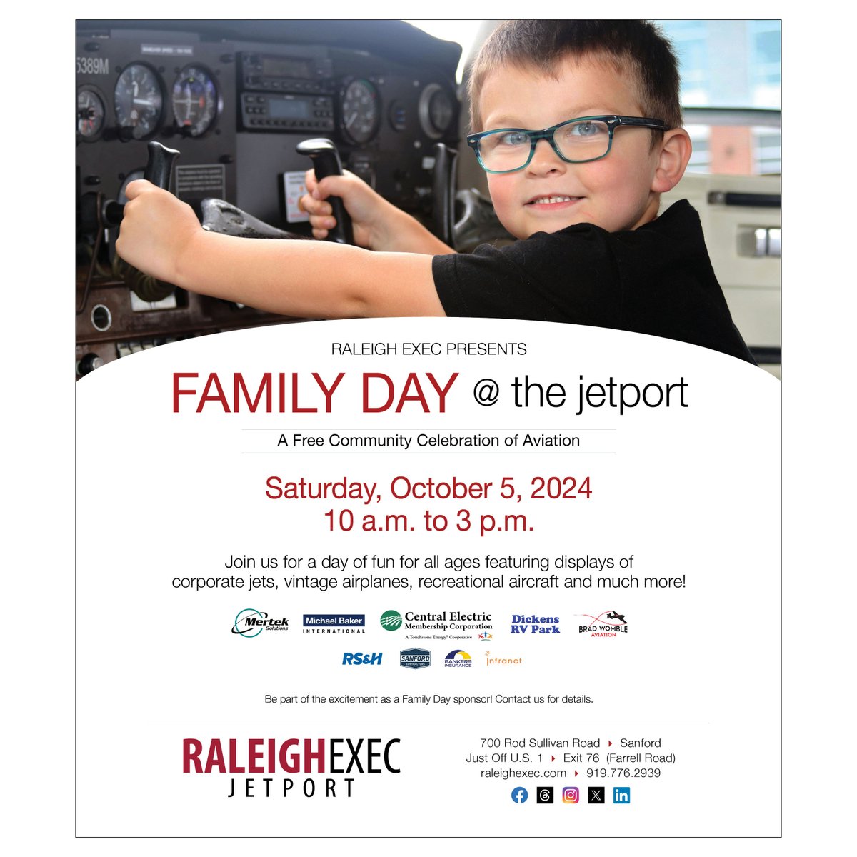 FAMILY DAY ‘24 IS COMING! Join us on Saturday, October 5, for our free, annual aviation celebration featuring corporate jets, vintage airplanes, recreational aircraft and more.

✈️  Be part of the excitement as a sponsor! Packages begin at just $250. Contact us for details.